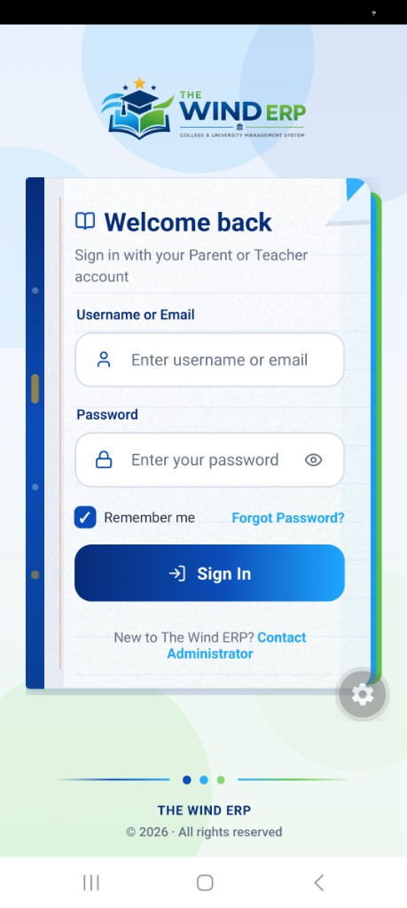 Parent app login screen with notebook-style sign-in card